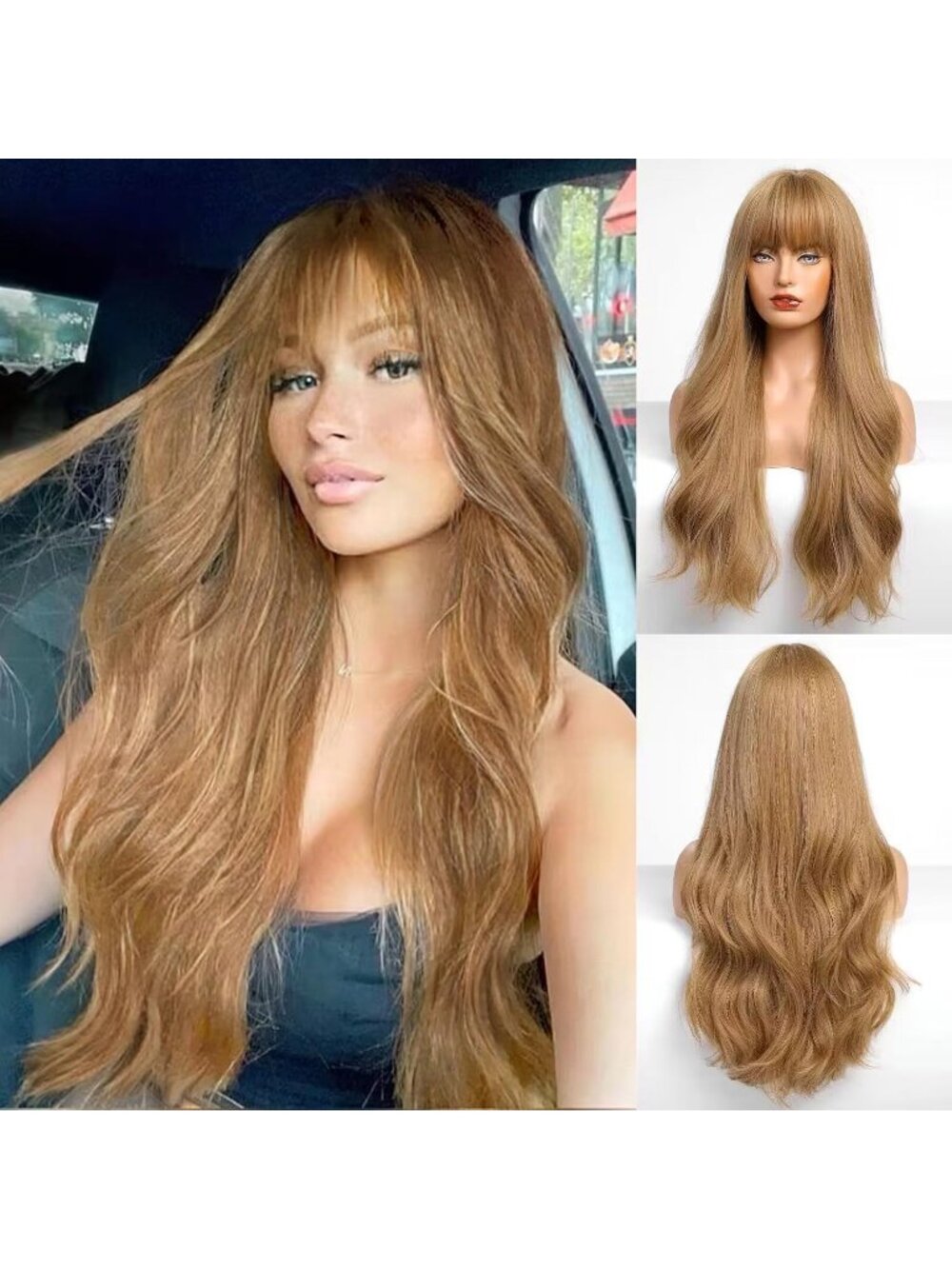 Women's Honey Blonde Heat Resistant Long Curly Wavy Synthetic Wig Bang Size 26In